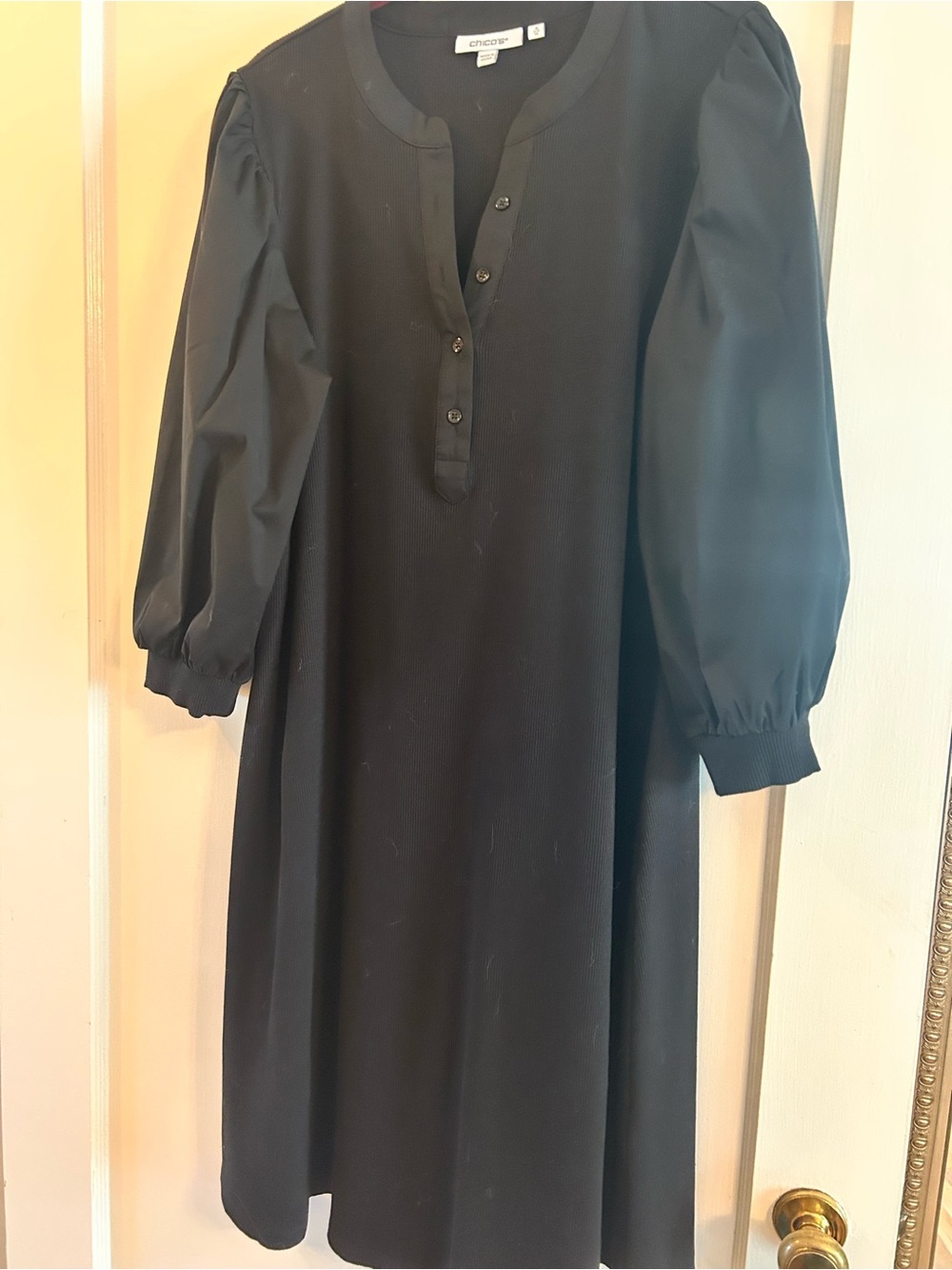 Chico's Black Puff-Sleeve Henley Shift Dress